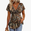 ⏳Time-Limited Special⏰Women’s Leopard Twist-Front Top – V-Neck, Peplum Hem, Bold Print 💃