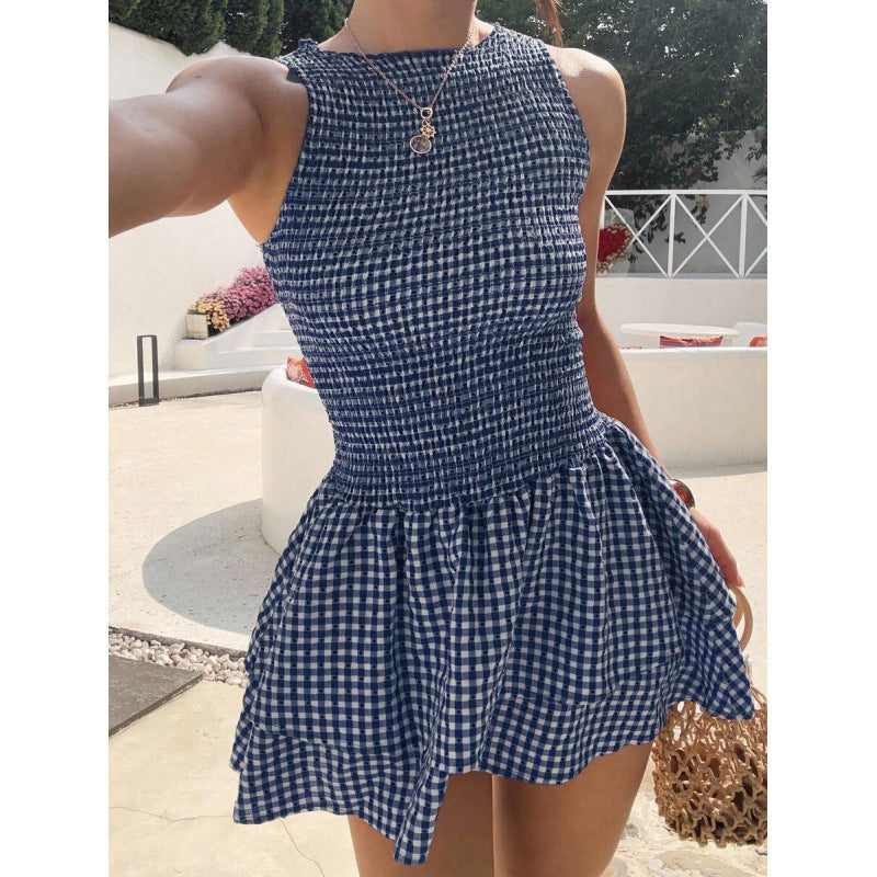 ⏳Time-Limited Special⏰Sleeveless Gingham Smocked Mini Dress – Stretchy & lightweight – Perfect for holidays, beach or warm days – playful vintage style ✨🌸