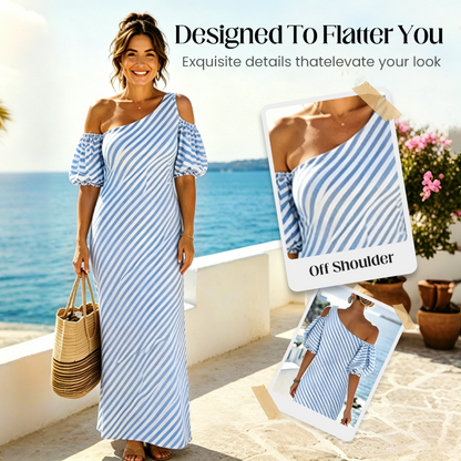 ⏳Time-Limited Special⏰Women's Striped Off Shoulder Dress – Elegant, Flowy, Summer Chic 🌊