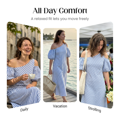 ⏳Time-Limited Special⏰Women's Striped Off Shoulder Dress – Elegant, Flowy, Summer Chic 🌊