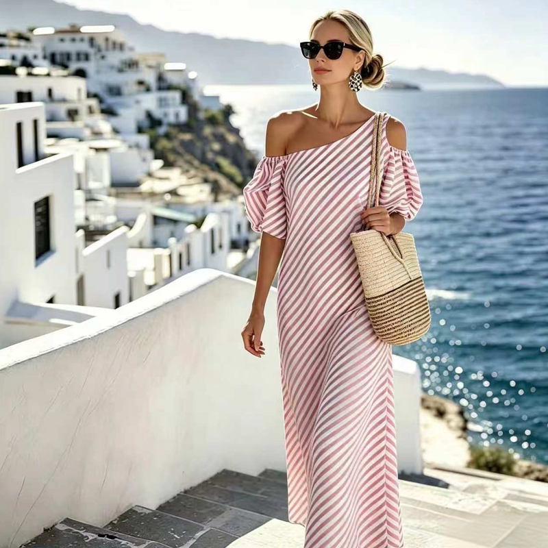 ⏳Time-Limited Special⏰Women's Striped Off Shoulder Dress – Elegant, Flowy, Summer Chic 🌊