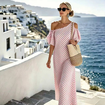 ⏳Time-Limited Special⏰Women's Striped Off Shoulder Dress – Elegant, Flowy, Summer Chic 🌊