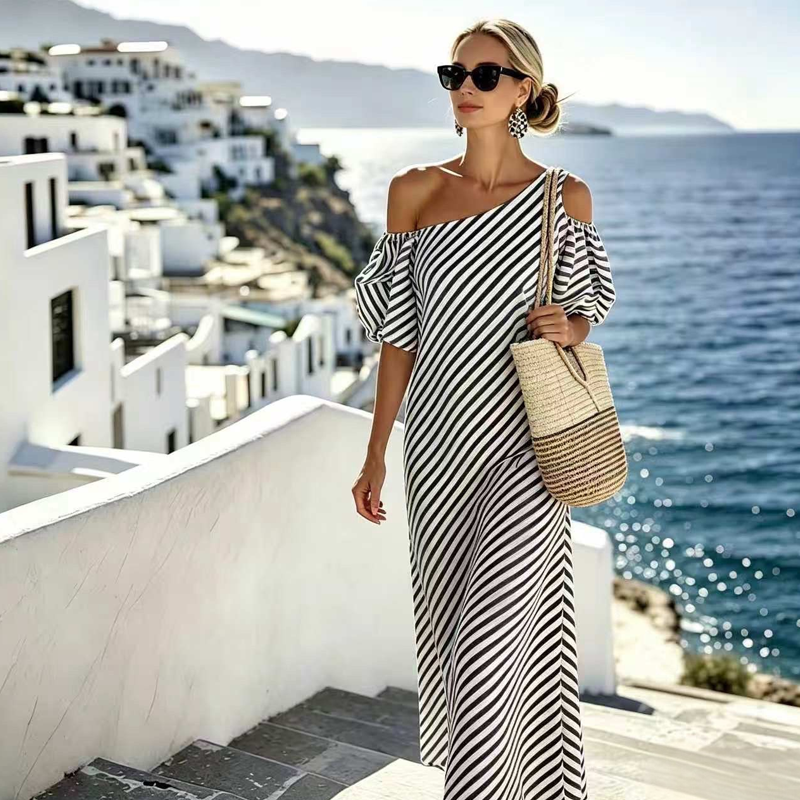 ⏳Time-Limited Special⏰Women's Striped Off Shoulder Dress – Elegant, Flowy, Summer Chic 🌊