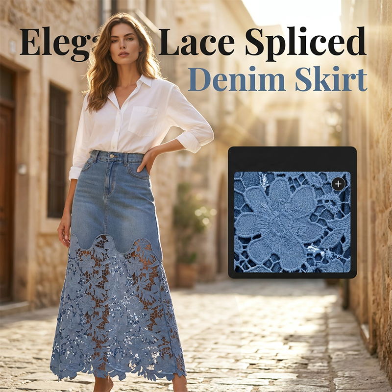 ⏳Time-Limited Special⏰Women's Denim Bodycon Skirt with Hollow Lace Trim