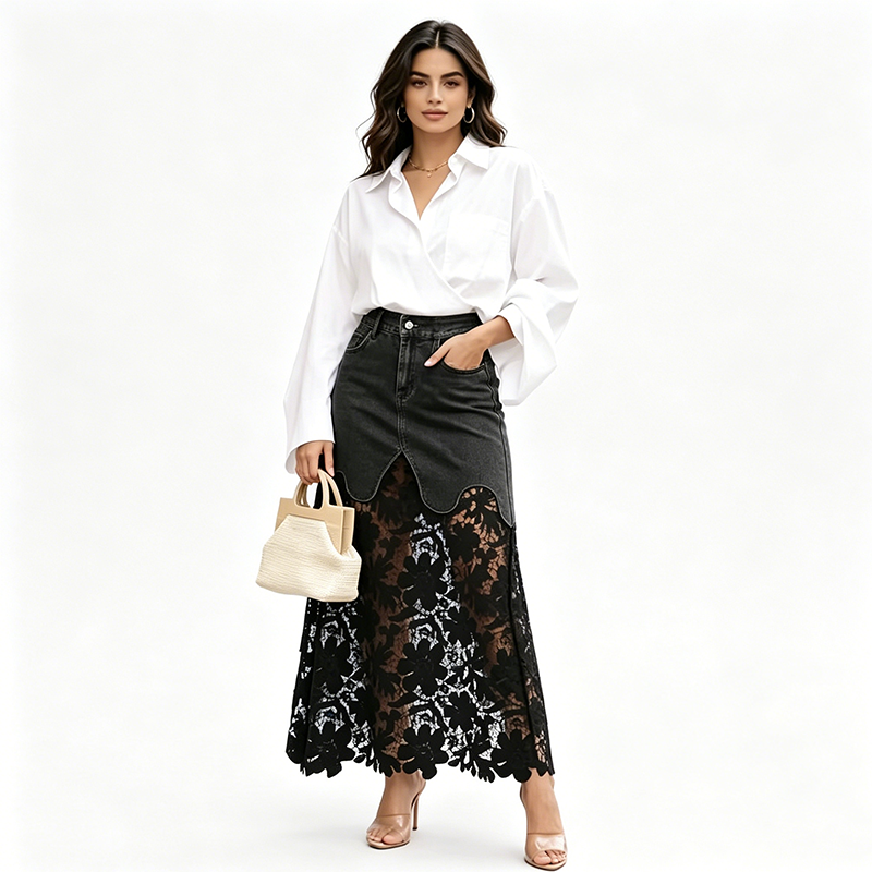 ⏳Time-Limited Special⏰Women's Denim Bodycon Skirt with Hollow Lace Trim