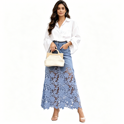 ⏳Time-Limited Special⏰Women's Denim Bodycon Skirt with Hollow Lace Trim