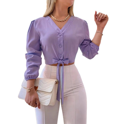 ⏳Time-Limited Special⏰Women's Elegant V-Neck Tie-Waist Top – Adjustable Fit & Premium Soft Fabric – Versatile Chic 👠