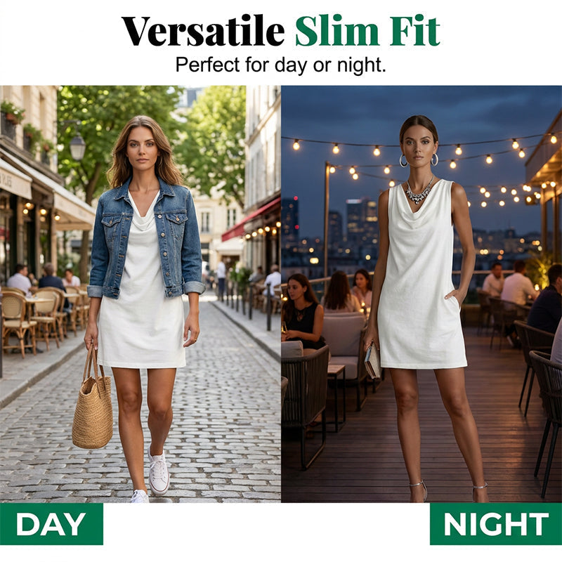 ⏳Time-Limited Special⏰Elegant Slim Fit Cowl Neck Dress – Sleeveless, Side Pockets, Versatile ✨