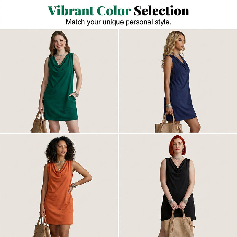 ⏳Time-Limited Special⏰Elegant Slim Fit Cowl Neck Dress – Sleeveless, Side Pockets, Versatile ✨