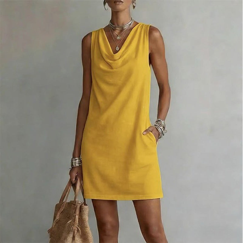 ⏳Time-Limited Special⏰Elegant Slim Fit Cowl Neck Dress – Sleeveless, Side Pockets, Versatile ✨