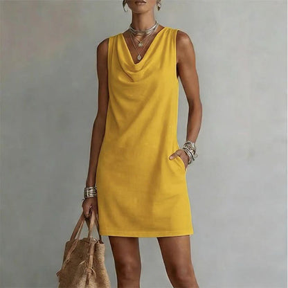 ⏳Time-Limited Special⏰Elegant Slim Fit Cowl Neck Dress – Sleeveless, Side Pockets, Versatile ✨