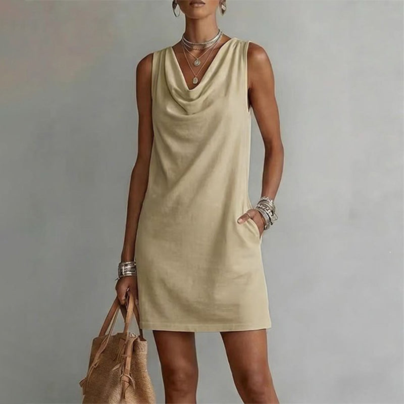 ⏳Time-Limited Special⏰Elegant Slim Fit Cowl Neck Dress – Sleeveless, Side Pockets, Versatile ✨