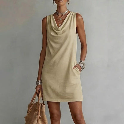 ⏳Time-Limited Special⏰Elegant Slim Fit Cowl Neck Dress – Sleeveless, Side Pockets, Versatile ✨