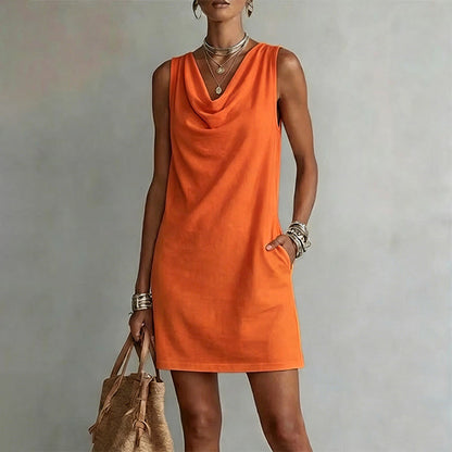 ⏳Time-Limited Special⏰Elegant Slim Fit Cowl Neck Dress – Sleeveless, Side Pockets, Versatile ✨
