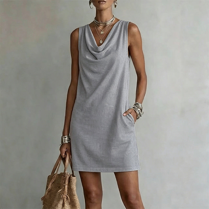 ⏳Time-Limited Special⏰Elegant Slim Fit Cowl Neck Dress – Sleeveless, Side Pockets, Versatile ✨