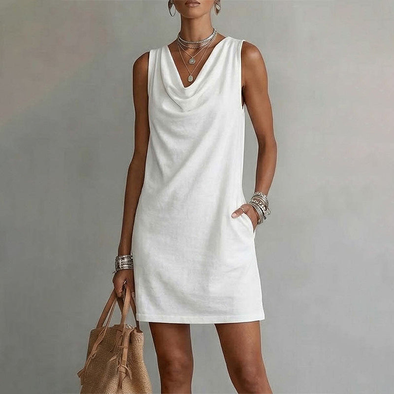 ⏳Time-Limited Special⏰Elegant Slim Fit Cowl Neck Dress – Sleeveless, Side Pockets, Versatile ✨