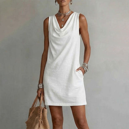 ⏳Time-Limited Special⏰Elegant Slim Fit Cowl Neck Dress – Sleeveless, Side Pockets, Versatile ✨