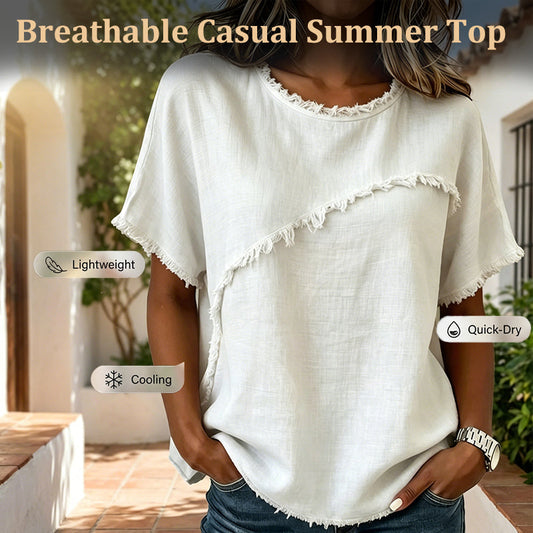 ⏳Time-Limited Special⏰Women's Summer Top with Raw Edge Paneling – Round Neck, Relaxed Fit, Edgy ✨