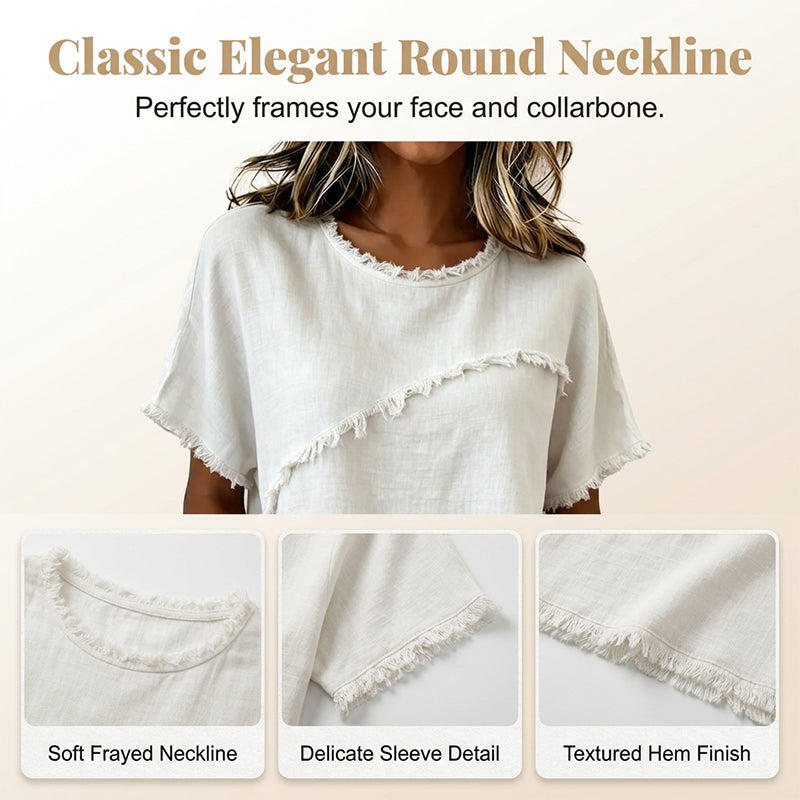 ⏳Time-Limited Special⏰Women's Summer Top with Raw Edge Paneling – Round Neck, Relaxed Fit, Edgy ✨