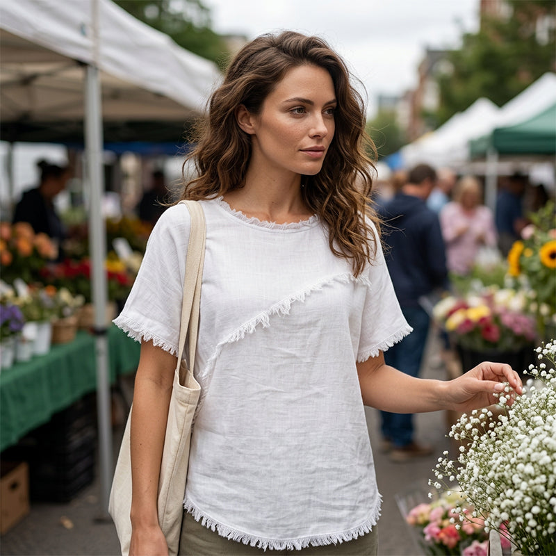 ⏳Time-Limited Special⏰Women's Summer Top with Raw Edge Paneling – Round Neck, Relaxed Fit, Edgy ✨