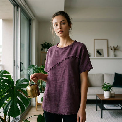 ⏳Time-Limited Special⏰Women's Summer Top with Raw Edge Paneling – Round Neck, Relaxed Fit, Edgy ✨