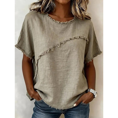 ⏳Time-Limited Special⏰Women's Summer Top with Raw Edge Paneling – Round Neck, Relaxed Fit, Edgy ✨
