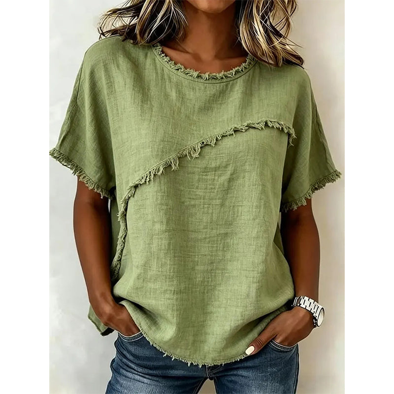 ⏳Time-Limited Special⏰Women's Summer Top with Raw Edge Paneling – Round Neck, Relaxed Fit, Edgy ✨