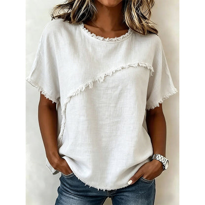 ⏳Time-Limited Special⏰Women's Summer Top with Raw Edge Paneling – Round Neck, Relaxed Fit, Edgy ✨