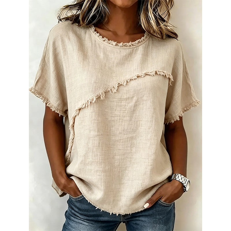 ⏳Time-Limited Special⏰Women's Summer Top with Raw Edge Paneling – Round Neck, Relaxed Fit, Edgy ✨