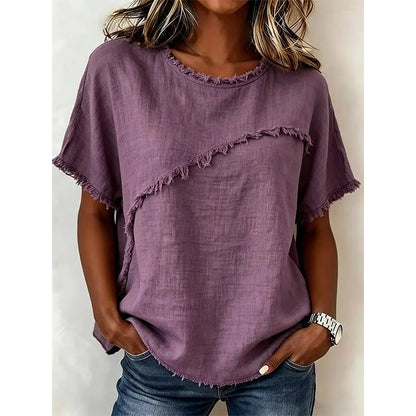 ⏳Time-Limited Special⏰Women's Summer Top with Raw Edge Paneling – Round Neck, Relaxed Fit, Edgy ✨