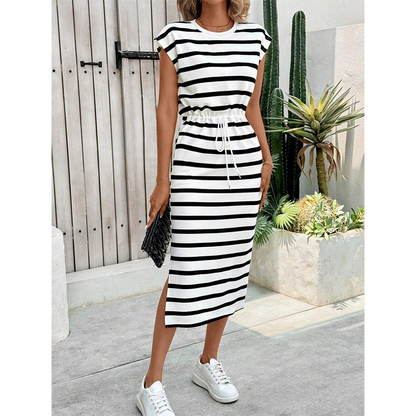 ⏳Time-Limited Special⏰Women's Striped Drawstring Waist Split Midi Dress