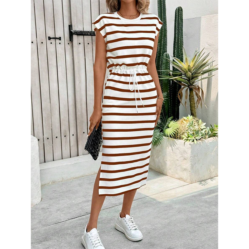⏳Time-Limited Special⏰Women's Striped Drawstring Waist Split Midi Dress