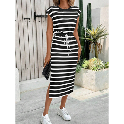 ⏳Time-Limited Special⏰Women's Striped Drawstring Waist Split Midi Dress