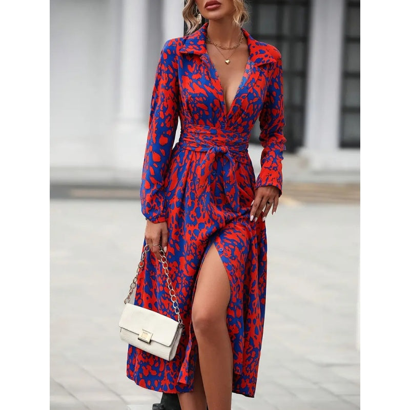 ⏳Time-Limited Special⏰Multi-Color Printed Shirt Dress – Waist Belt, Slit Hem, All-Day Comfort 🌸