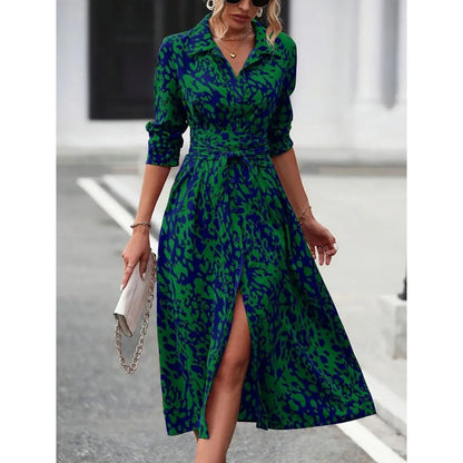 ⏳Time-Limited Special⏰Multi-Color Printed Shirt Dress – Waist Belt, Slit Hem, All-Day Comfort 🌸