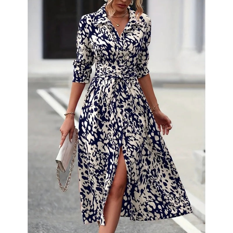⏳Time-Limited Special⏰Multi-Color Printed Shirt Dress – Waist Belt, Slit Hem, All-Day Comfort 🌸