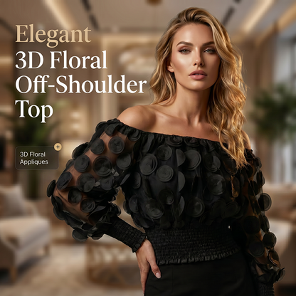 ⏳Time-Limited Special⏰Off-Shoulder Fitted Top – 3D Floral Appliqués, Smocked Waist, Balloon Sleeves 🌸