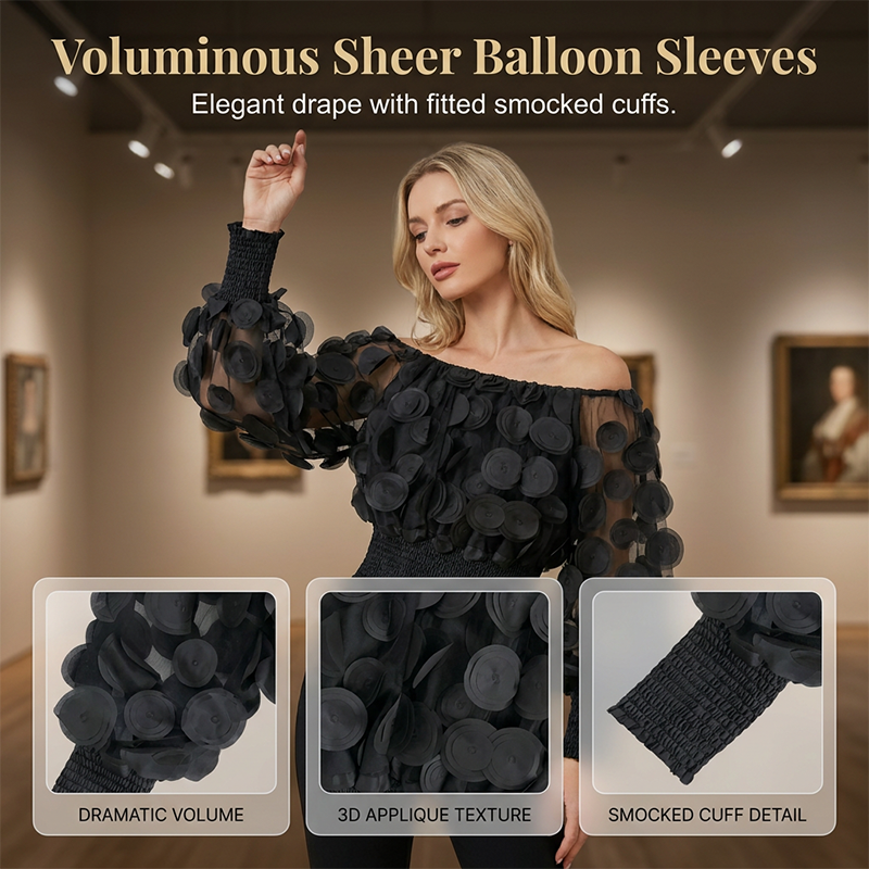 ⏳Time-Limited Special⏰Off-Shoulder Fitted Top – 3D Floral Appliqués, Smocked Waist, Balloon Sleeves 🌸