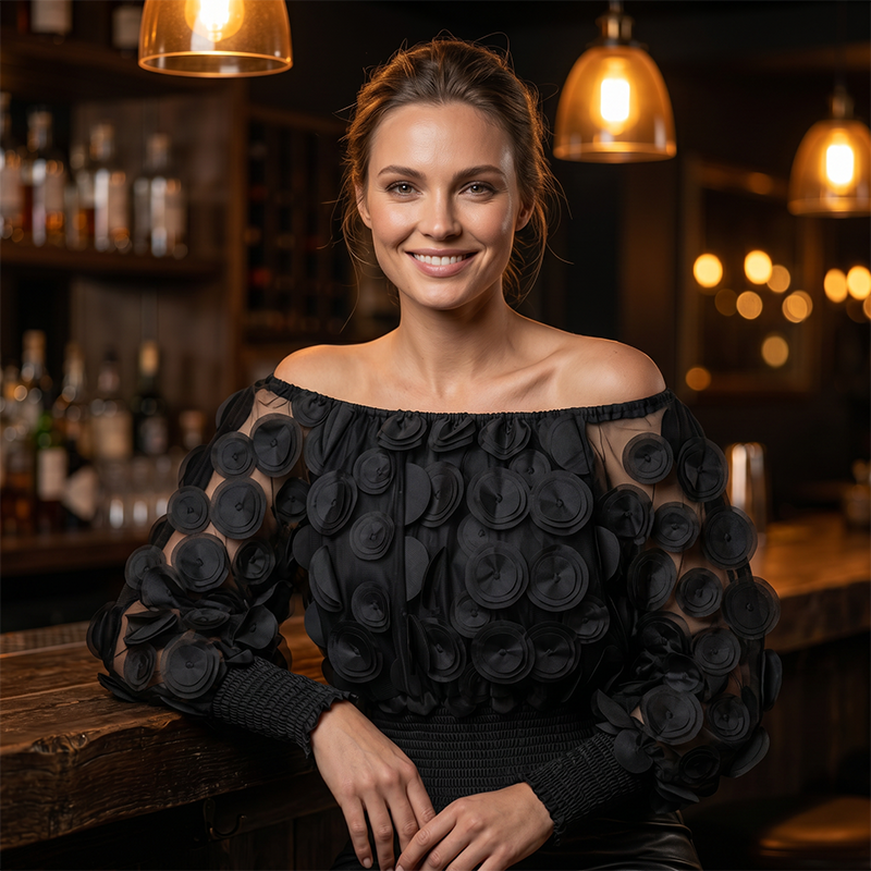 ⏳Time-Limited Special⏰Off-Shoulder Fitted Top – 3D Floral Appliqués, Smocked Waist, Balloon Sleeves 🌸