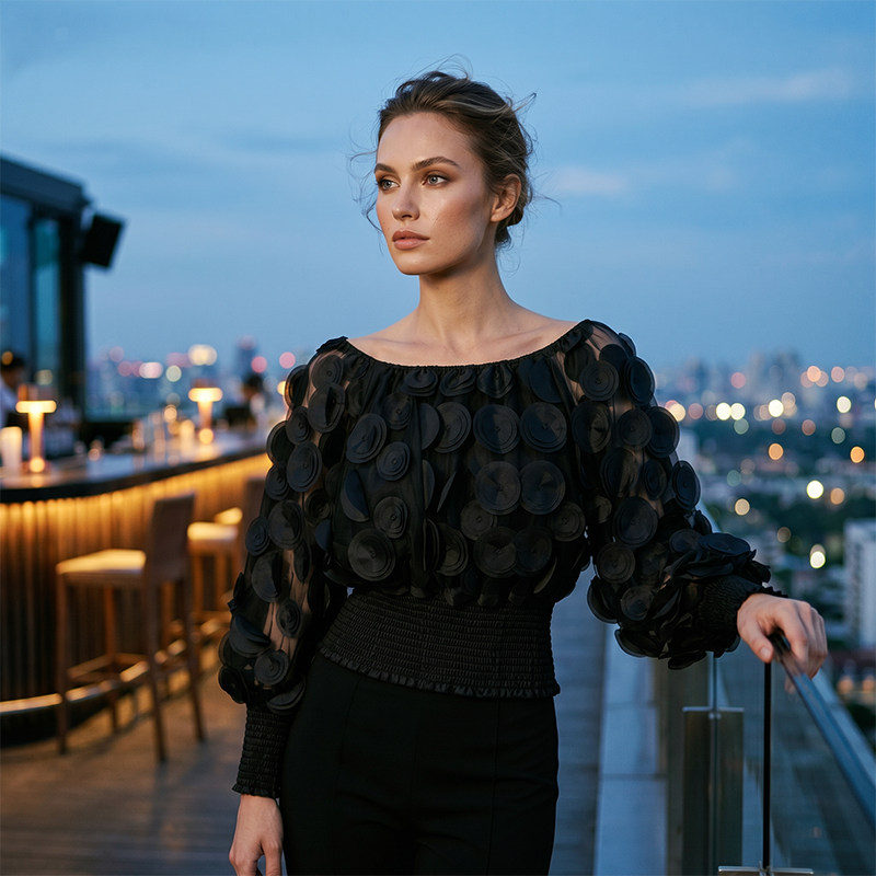 ⏳Time-Limited Special⏰Off-Shoulder Fitted Top – 3D Floral Appliqués, Smocked Waist, Balloon Sleeves 🌸