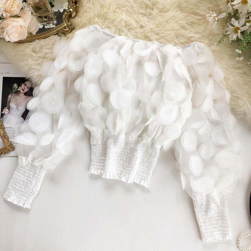 ⏳Time-Limited Special⏰Off-Shoulder Fitted Top – 3D Floral Appliqués, Smocked Waist, Balloon Sleeves 🌸