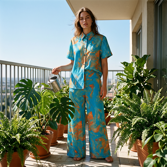 ⏳Time-Limited Special⏰Women's Casual Short Sleeve Top & Pants Set – Vibrant Print, Side Pockets, Soft Fabric 🌿