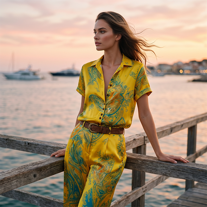 ⏳Time-Limited Special⏰Women's Casual Short Sleeve Top & Pants Set – Vibrant Print, Side Pockets, Soft Fabric 🌿