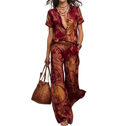 ⏳Time-Limited Special⏰Women's Casual Short Sleeve Top & Pants Set – Vibrant Print, Side Pockets, Soft Fabric 🌿
