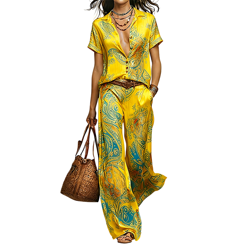 ⏳Time-Limited Special⏰Women's Casual Short Sleeve Top & Pants Set – Vibrant Print, Side Pockets, Soft Fabric 🌿