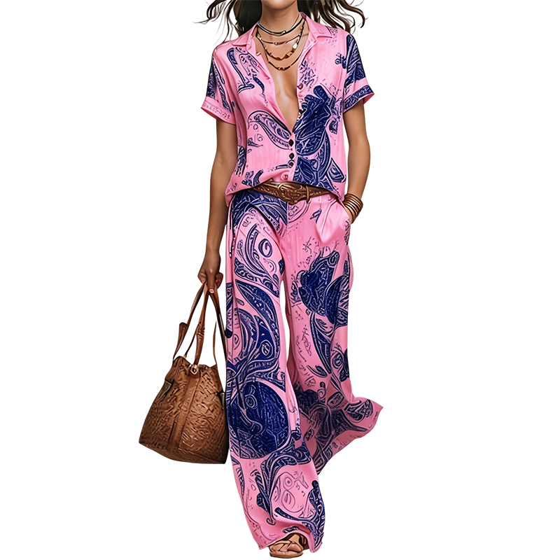 ⏳Time-Limited Special⏰Women's Casual Short Sleeve Top & Pants Set – Vibrant Print, Side Pockets, Soft Fabric 🌿