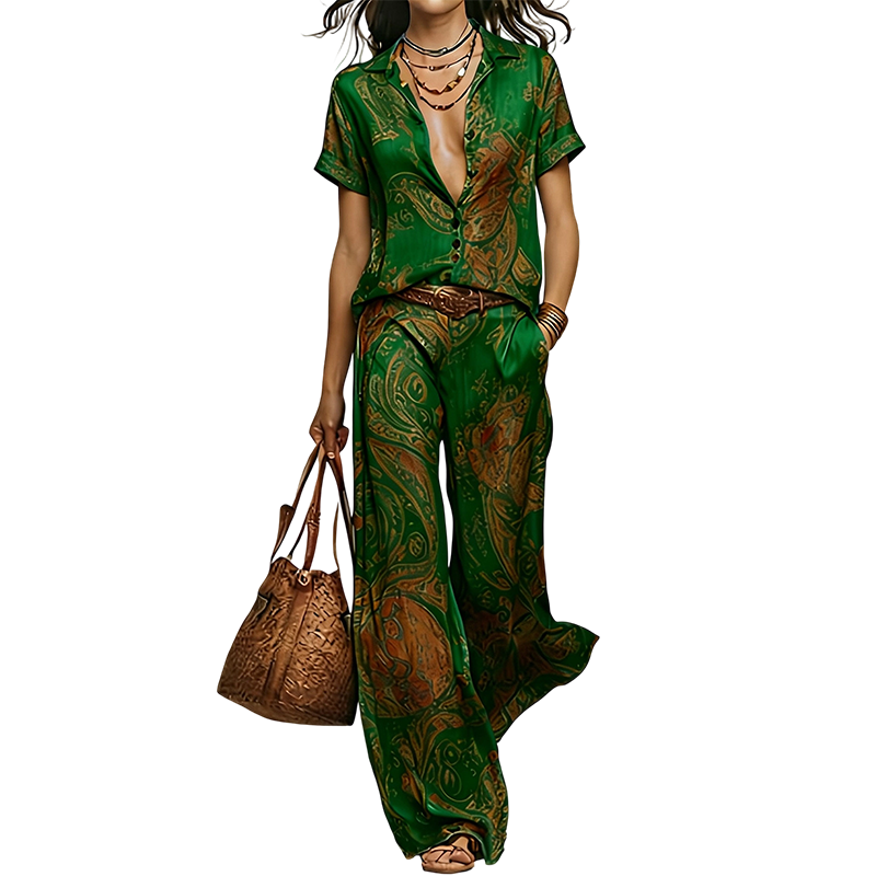 ⏳Time-Limited Special⏰Women's Casual Short Sleeve Top & Pants Set – Vibrant Print, Side Pockets, Soft Fabric 🌿