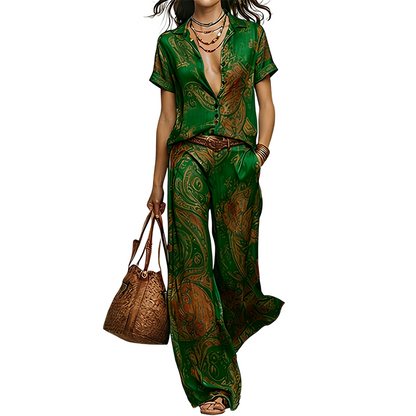 ⏳Time-Limited Special⏰Women's Casual Short Sleeve Top & Pants Set – Vibrant Print, Side Pockets, Soft Fabric 🌿