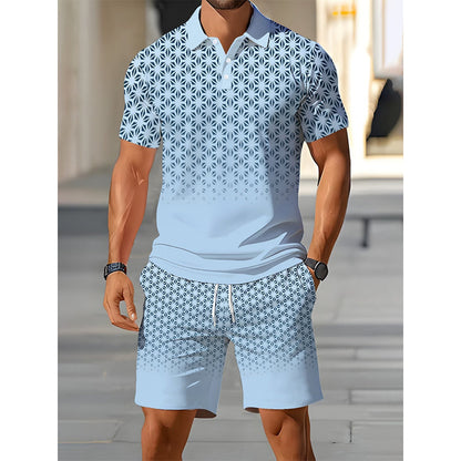 ⏳Time-Limited Special⏰Men's Geometric Print Collared Top & Shorts Set – Modern Pattern & Breathable Coordinated Look 🔷