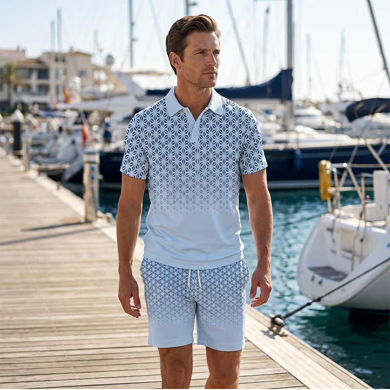 ⏳Time-Limited Special⏰Men's Geometric Print Collared Top & Shorts Set – Modern Pattern & Breathable Coordinated Look 🔷